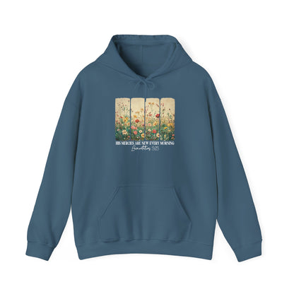 Indigo Blue His Mercies Are New Every Morning hoodie with wildflower print, front view