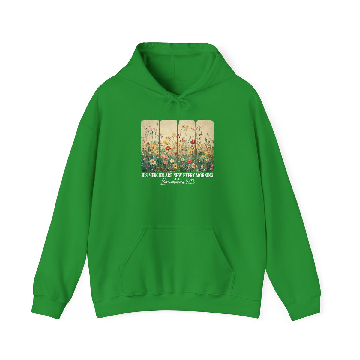 Irish Green His Mercies Are New Every Morning hoodie with wildflower print, front view