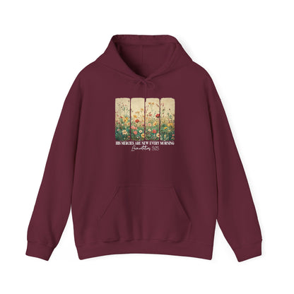 Maroon His Mercies Are New Every Morning hoodie with wildflower print, front view