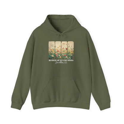 Military Green His Mercies Are New Every Morning hoodie with wildflower print, front view