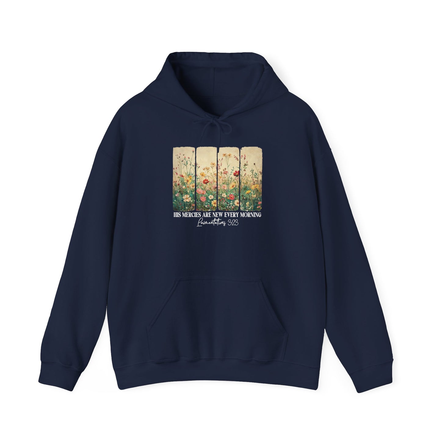 Navy His Mercies Are New Every Morning hoodie with wildflower print, front view