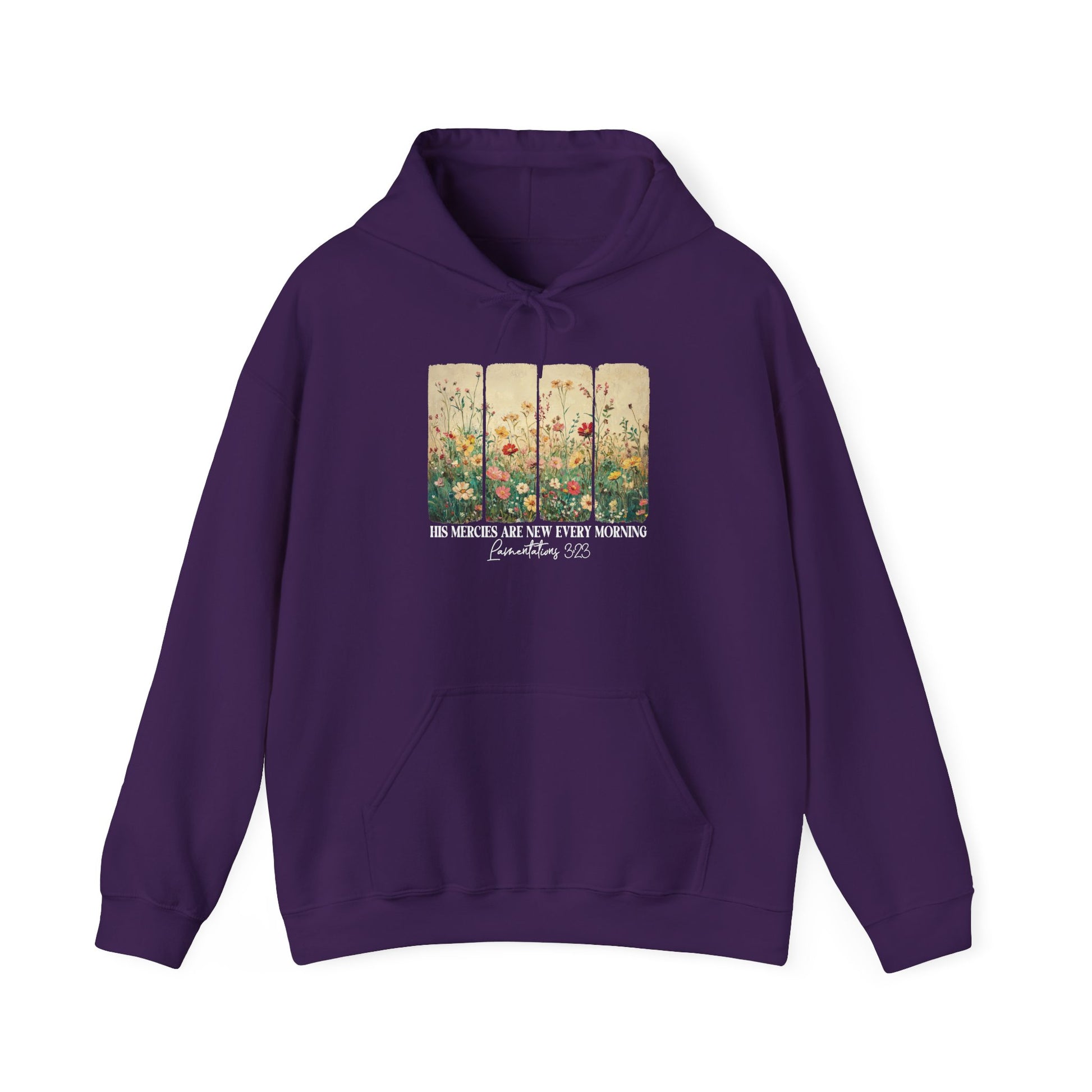 Purple His Mercies Are New Every Morning hoodie with wildflower print, front view
