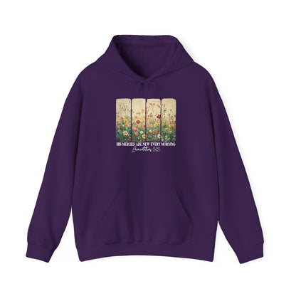 Purple His Mercies Are New Every Morning hoodie with wildflower print, front view