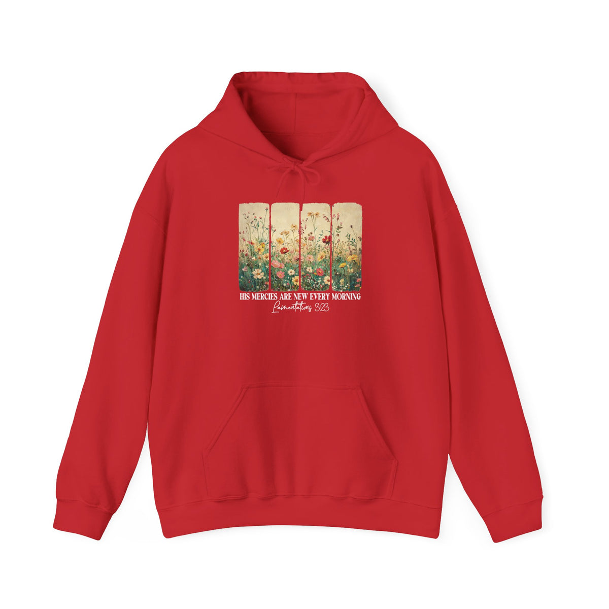 Red His Mercies Are New Every Morning hoodie with wildflower print, front view