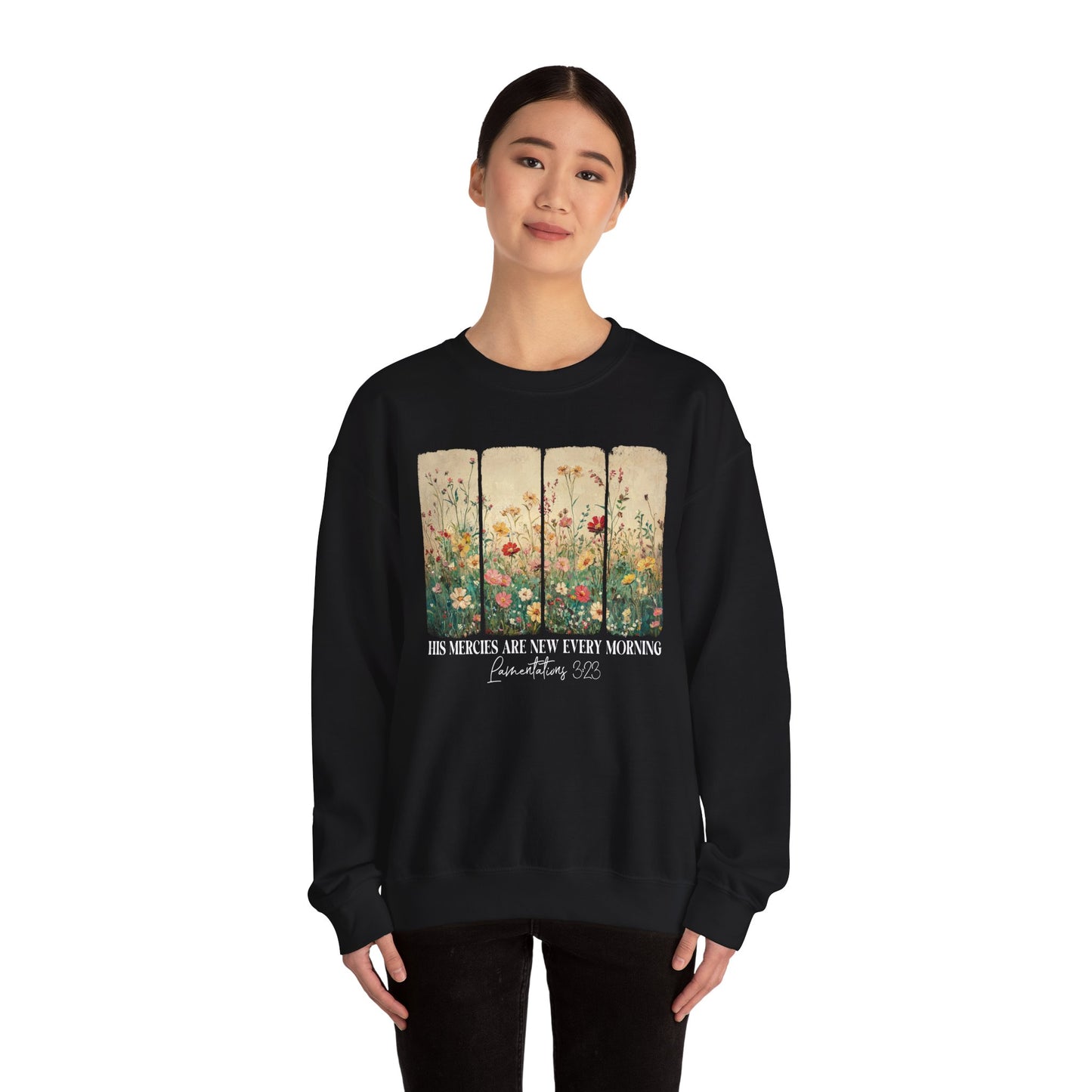 His Mercies Are New Every Morning sweatshirt with wildflower print, additional product photo