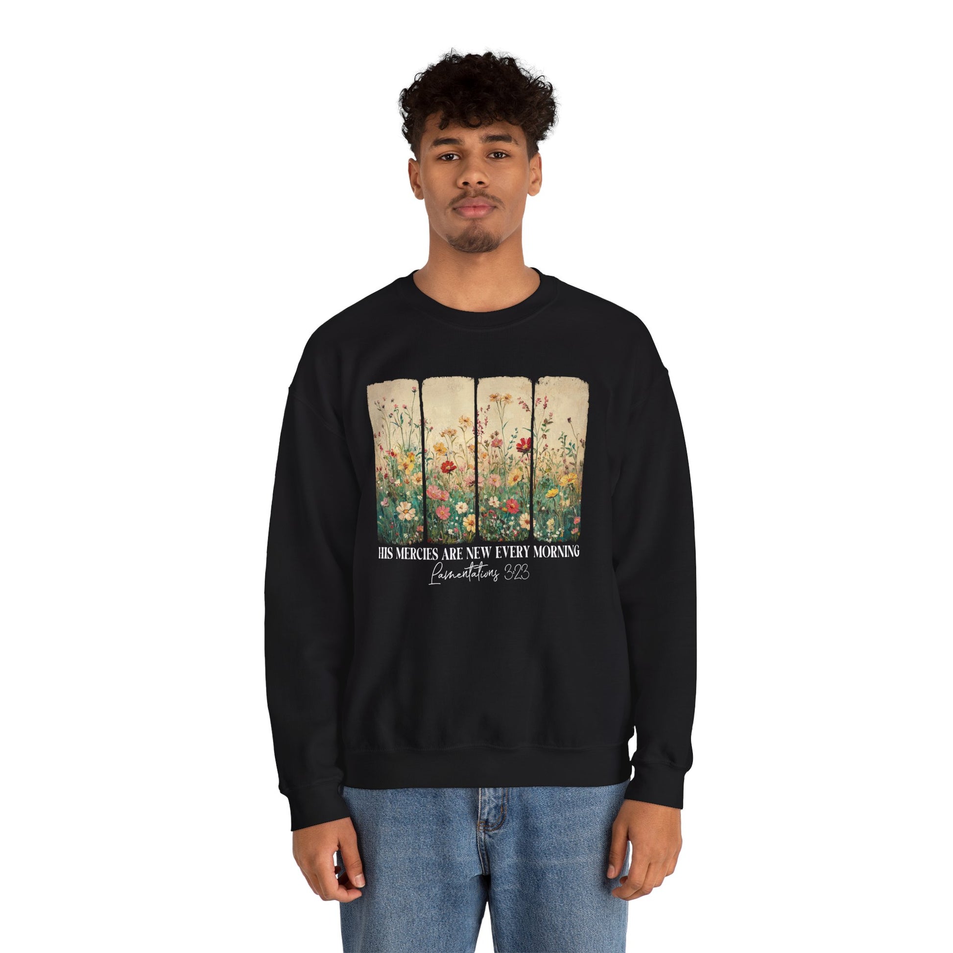 His Mercies Are New Every Morning sweatshirt with wildflower print, additional product photo