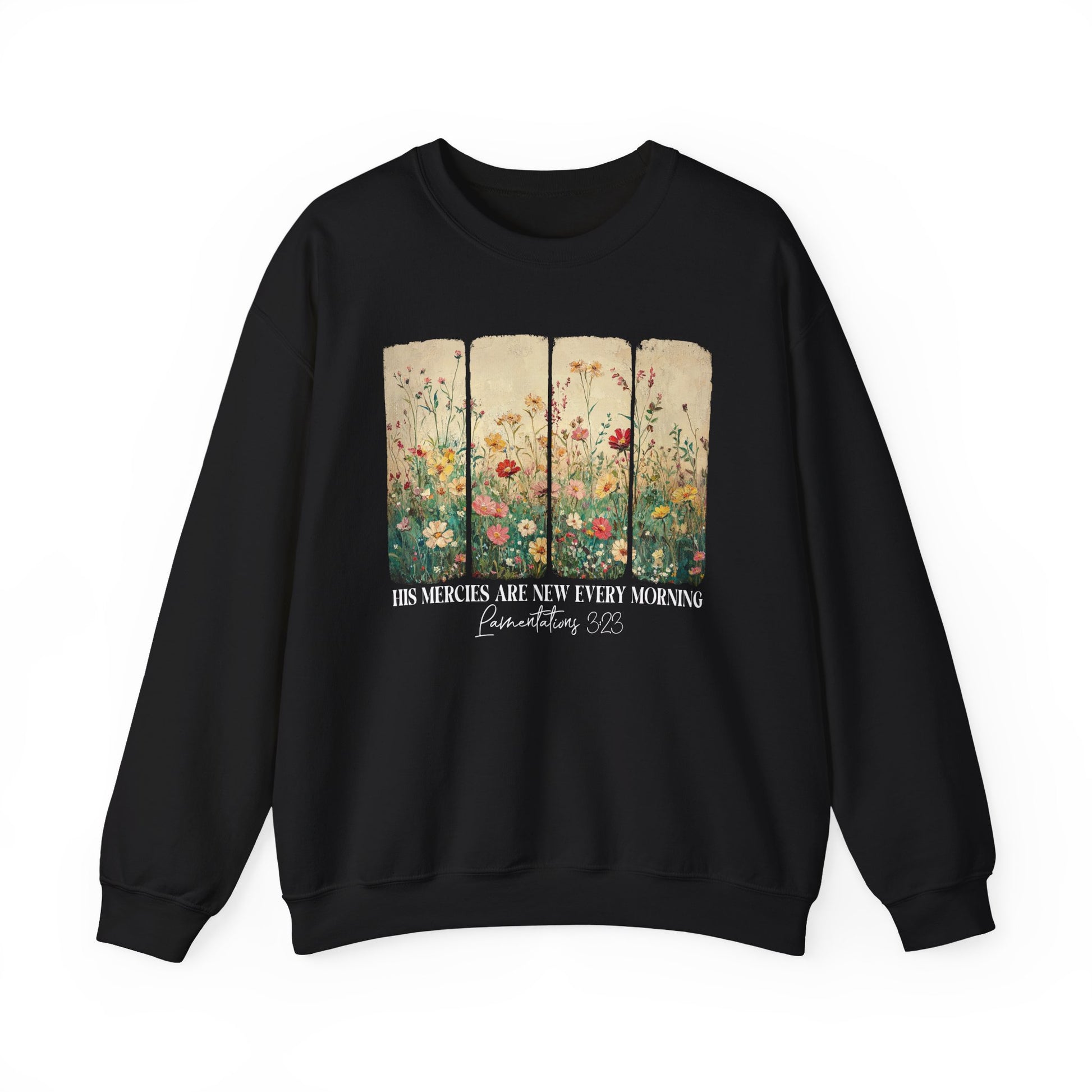 Black His Mercies Are New Every Morning sweatshirt with wildflower print, front view