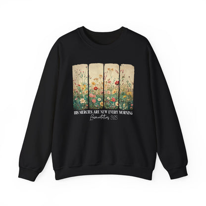 Black His Mercies Are New Every Morning sweatshirt with wildflower print, front view
