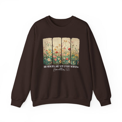 Dark Chocolate His Mercies Are New Every Morning sweatshirt with wildflower print, front view