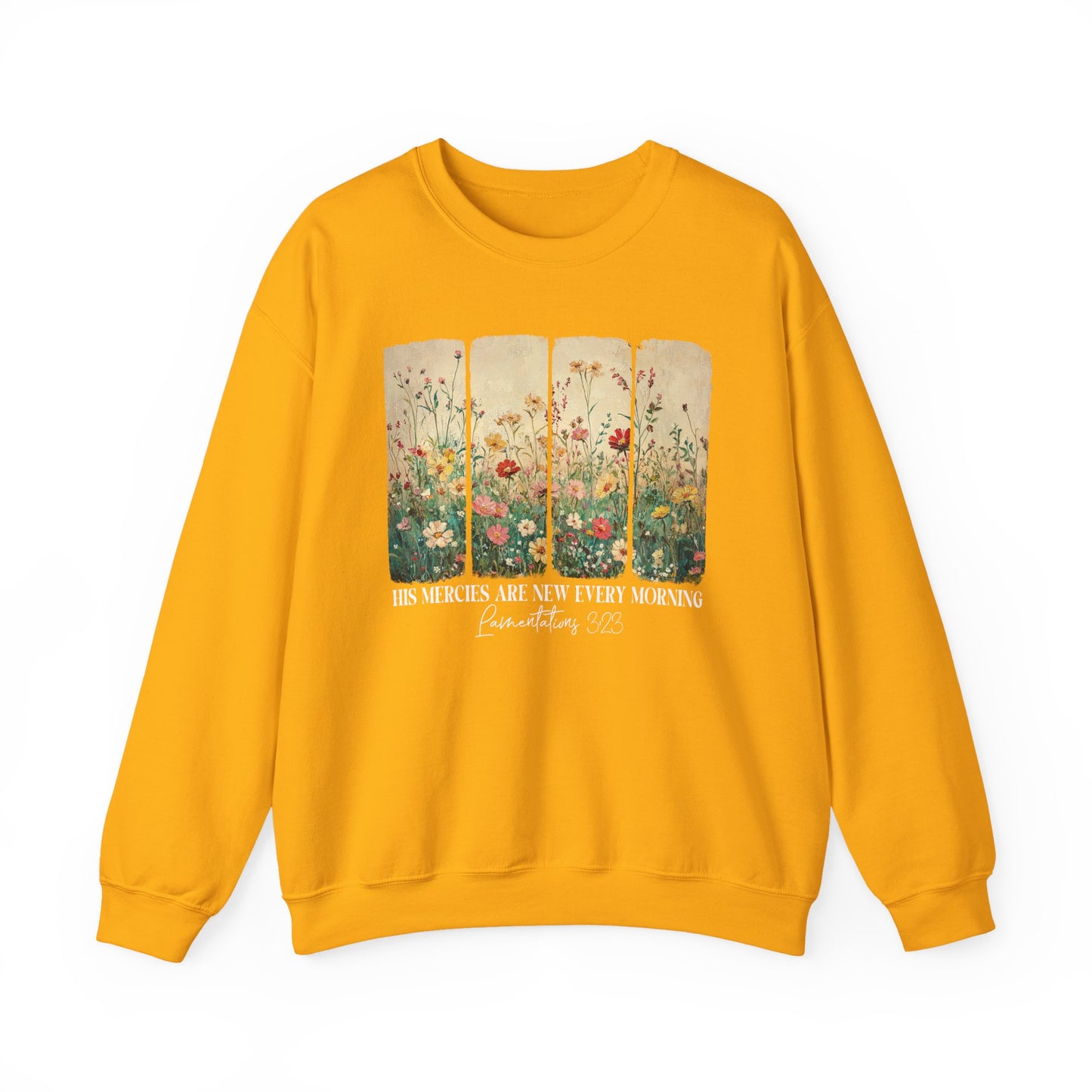 Gold His Mercies Are New Every Morning sweatshirt with wildflower print, front view