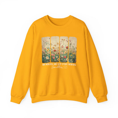 Gold His Mercies Are New Every Morning sweatshirt with wildflower print, front view