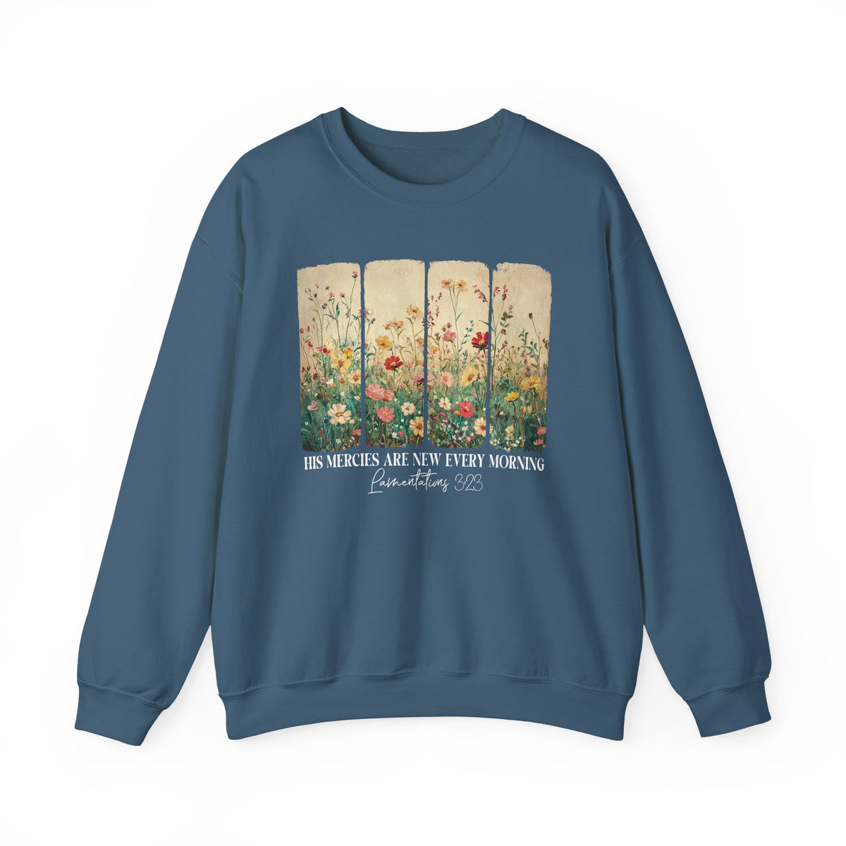 Indigo Blue His Mercies Are New Every Morning sweatshirt with wildflower print, front view