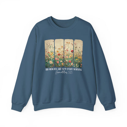 Indigo Blue His Mercies Are New Every Morning sweatshirt with wildflower print, front view