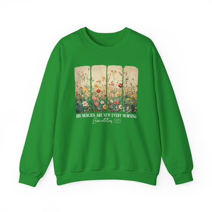 Irish Green His Mercies Are New Every Morning sweatshirt with wildflower print, front view