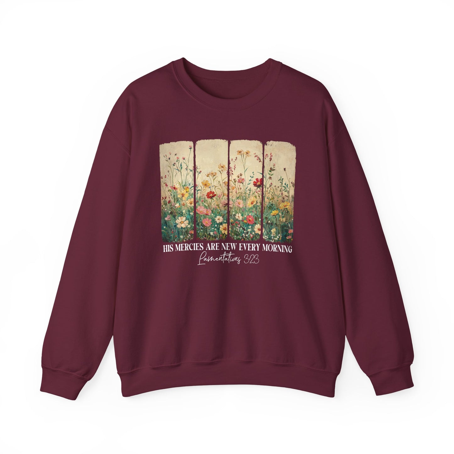 Maroon His Mercies Are New Every Morning sweatshirt with wildflower print, front view