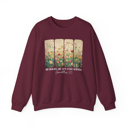 Maroon His Mercies Are New Every Morning sweatshirt with wildflower print, front view