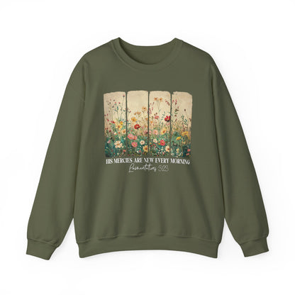 Military Green His Mercies Are New Every Morning sweatshirt with wildflower print, front view