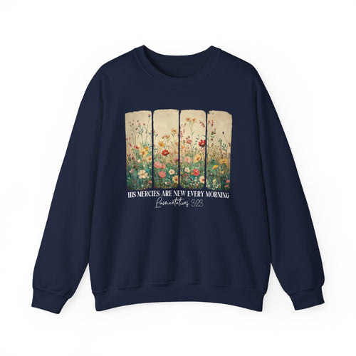 Navy His Mercies Are New Every Morning sweatshirt with wildflower print, front view
