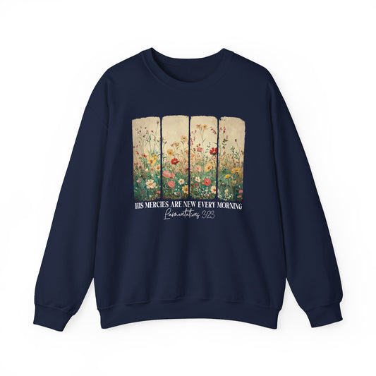 Navy His Mercies Are New Every Morning sweatshirt with wildflower print, front view