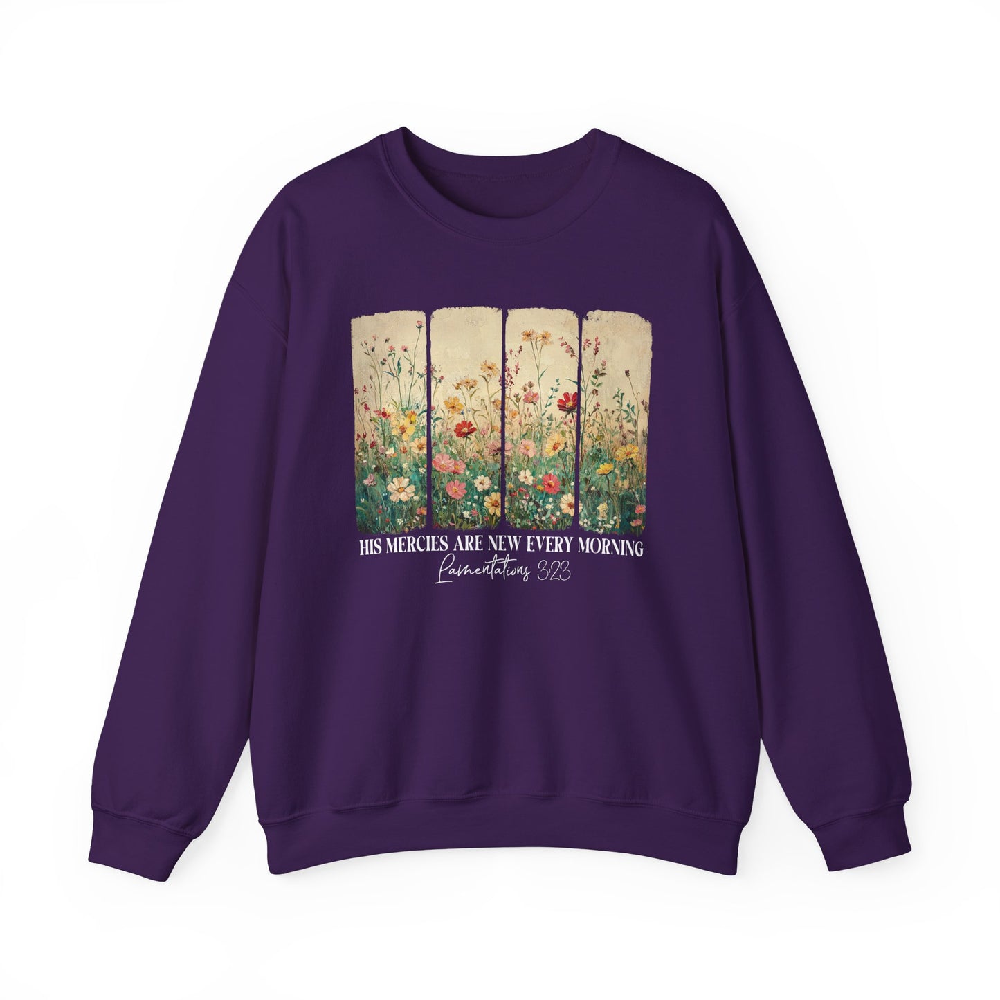 Purple His Mercies Are New Every Morning sweatshirt with wildflower print, front view