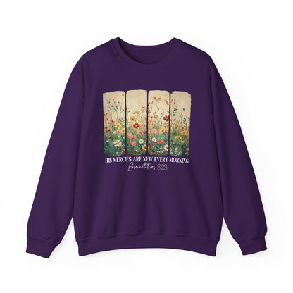Purple His Mercies Are New Every Morning sweatshirt with wildflower print, front view