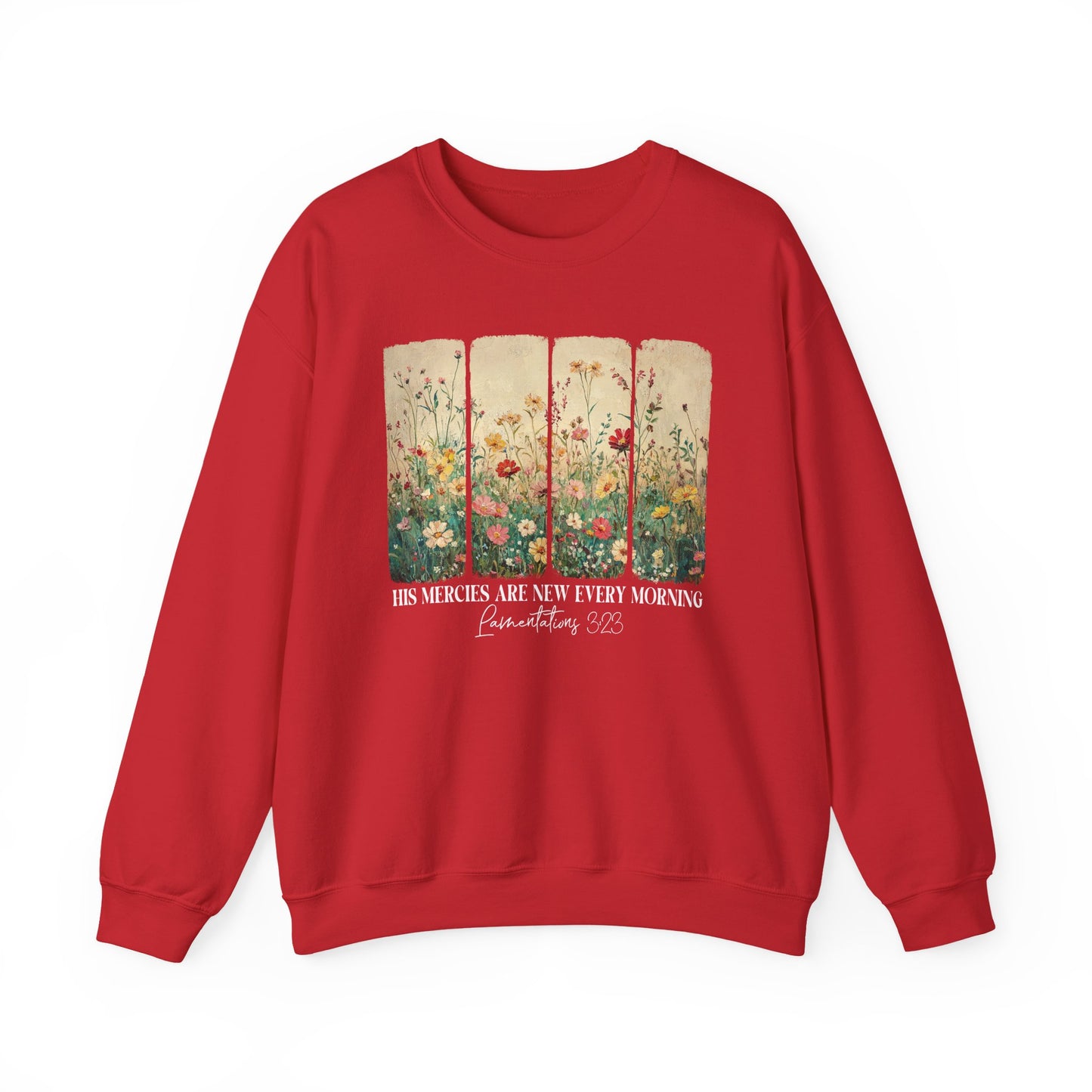 Red His Mercies Are New Every Morning sweatshirt with wildflower print, front view