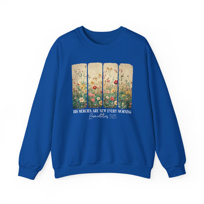 Royal His Mercies Are New Every Morning sweatshirt with wildflower print, front view