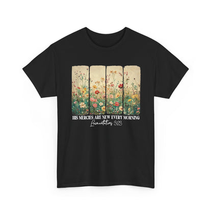 Black His Mercies Are New Every Morning t-shirt with wildflower print, front view
