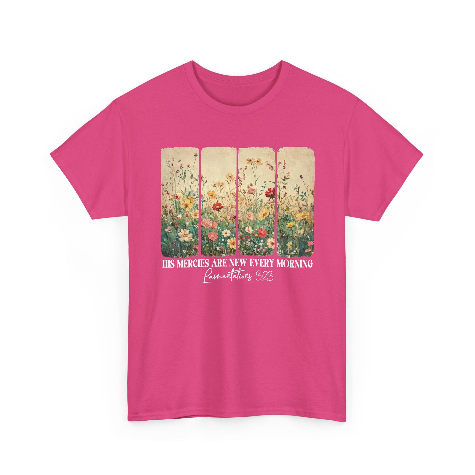Heliconia His Mercies Are New Every Morning t-shirt with wildflower print, front view