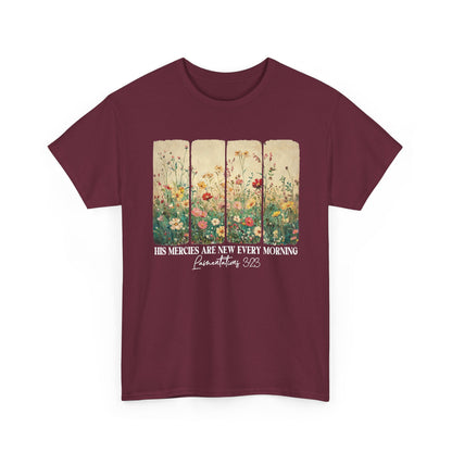 Maroon His Mercies Are New Every Morning t-shirt with wildflower print, front view