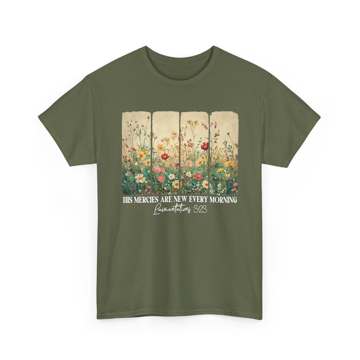 Military Green His Mercies Are New Every Morning t-shirt with wildflower print, front view