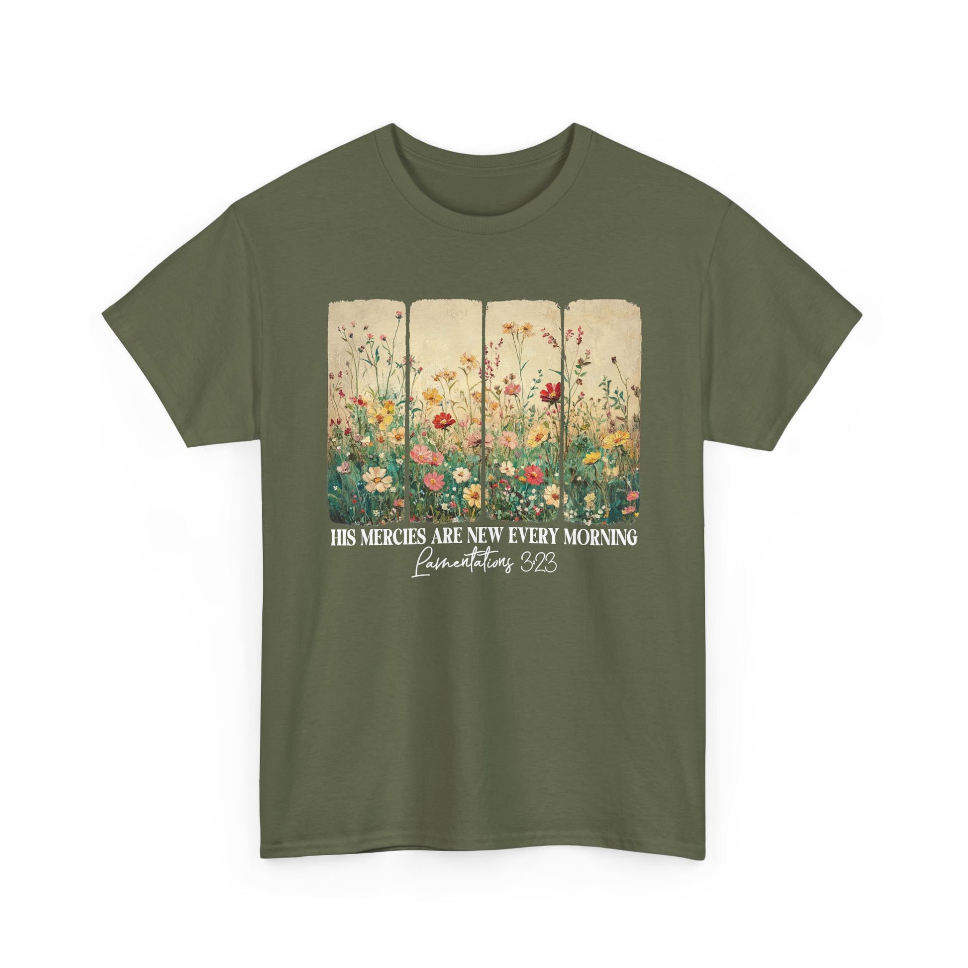Military Green His Mercies Are New Every Morning t-shirt with wildflower print, front view