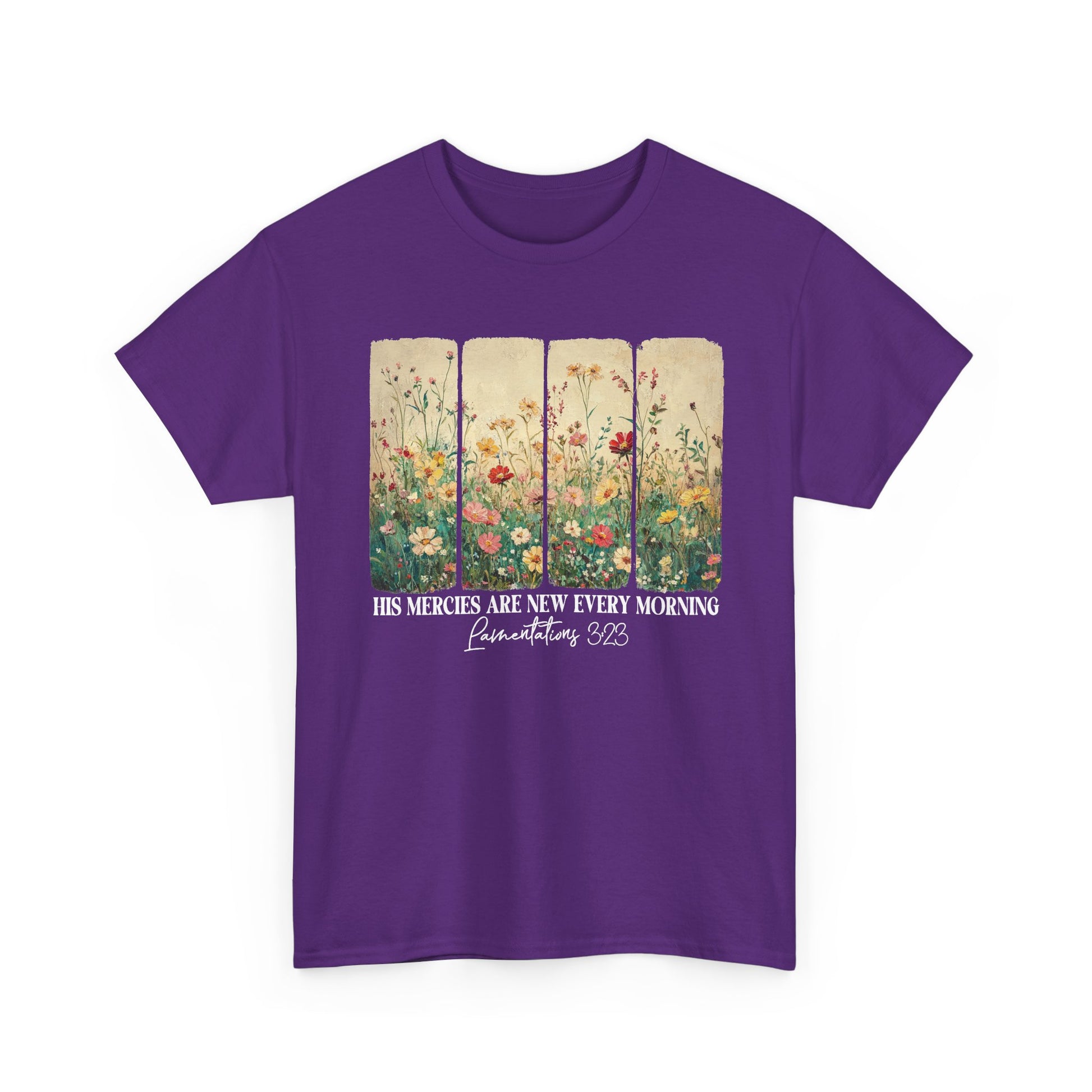 Purple His Mercies Are New Every Morning t-shirt with wildflower print, front view