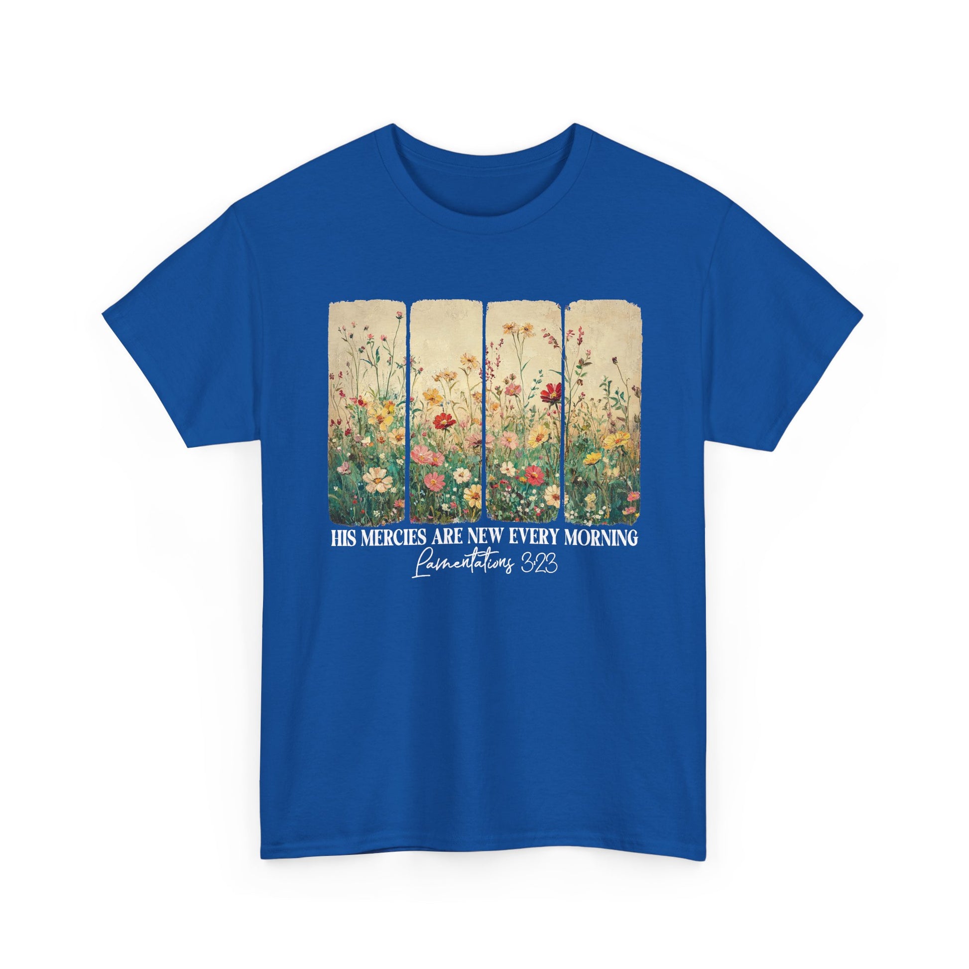Royal His Mercies Are New Every Morning t-shirt with wildflower print, front view