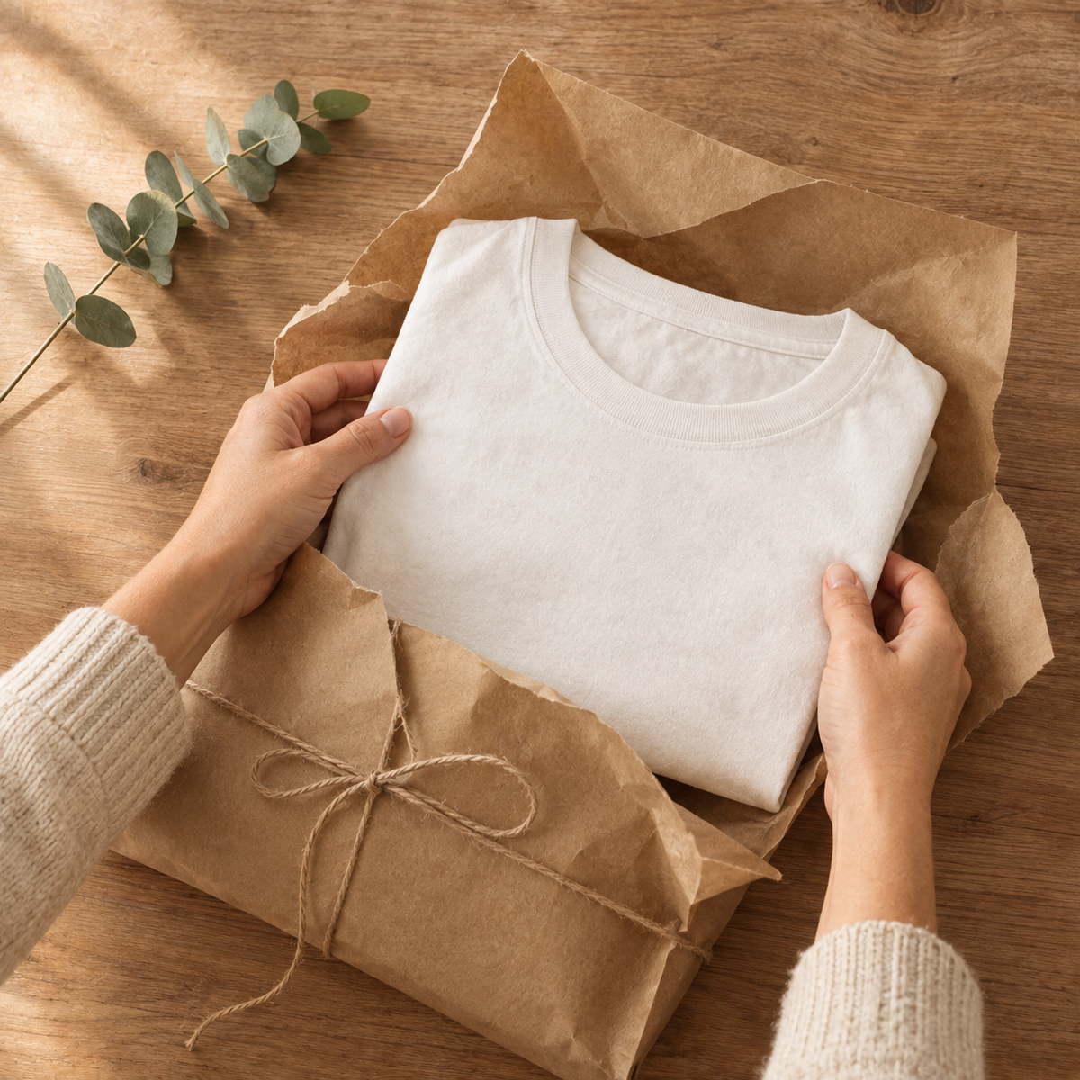 Hands unwrapping a folded t-shirt from kraft paper