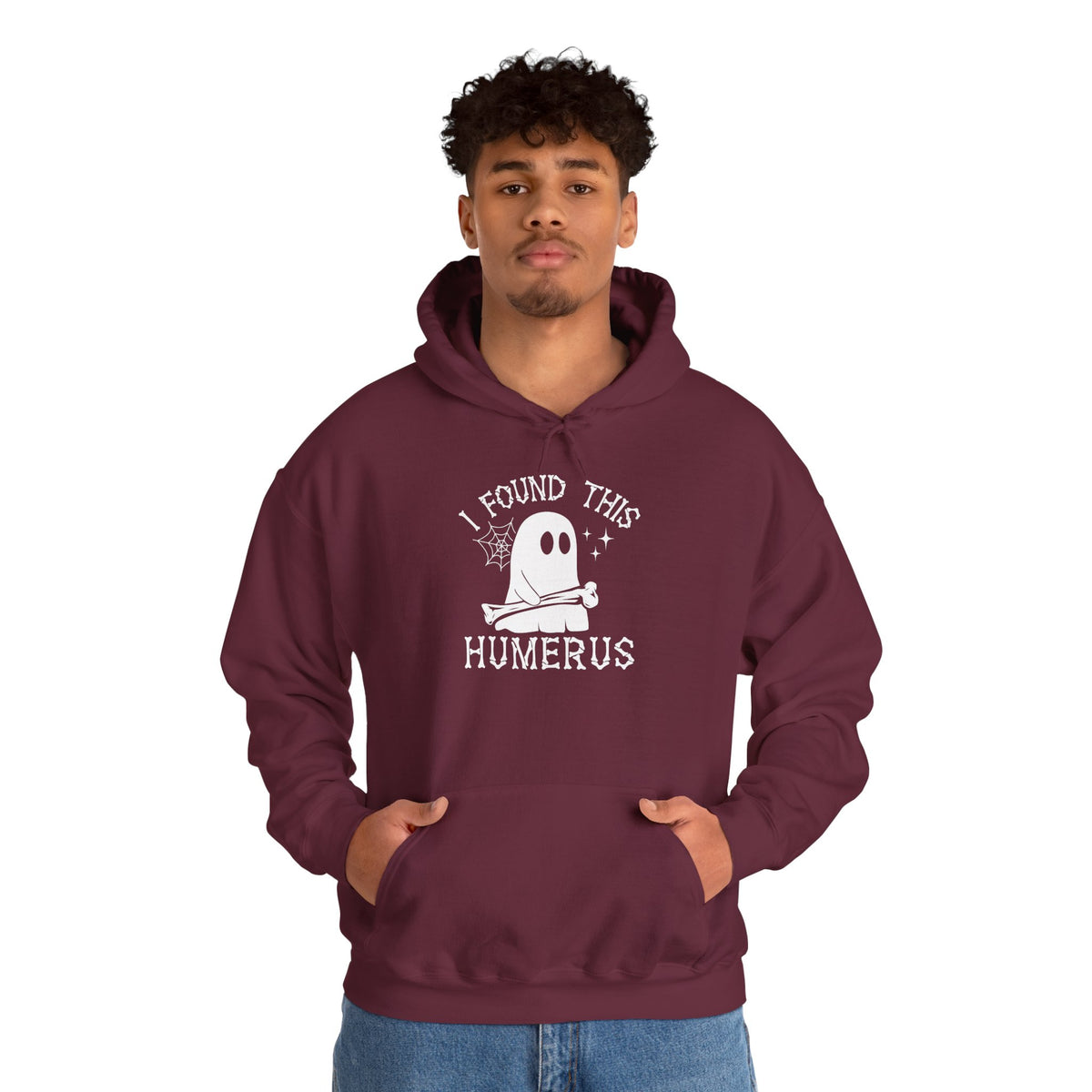 Man wearing the I Found This Humerus ghost hoodie, front view