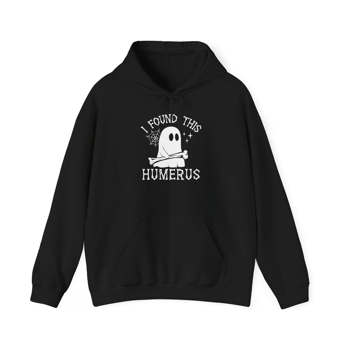 Black I Found This Humerus ghost hoodie with a cartoon ghost holding a bone, front view