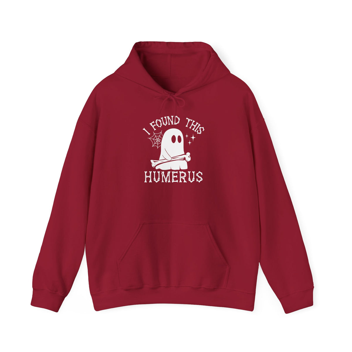 Cardinal Red I Found This Humerus ghost hoodie with a cartoon ghost holding a bone, front view