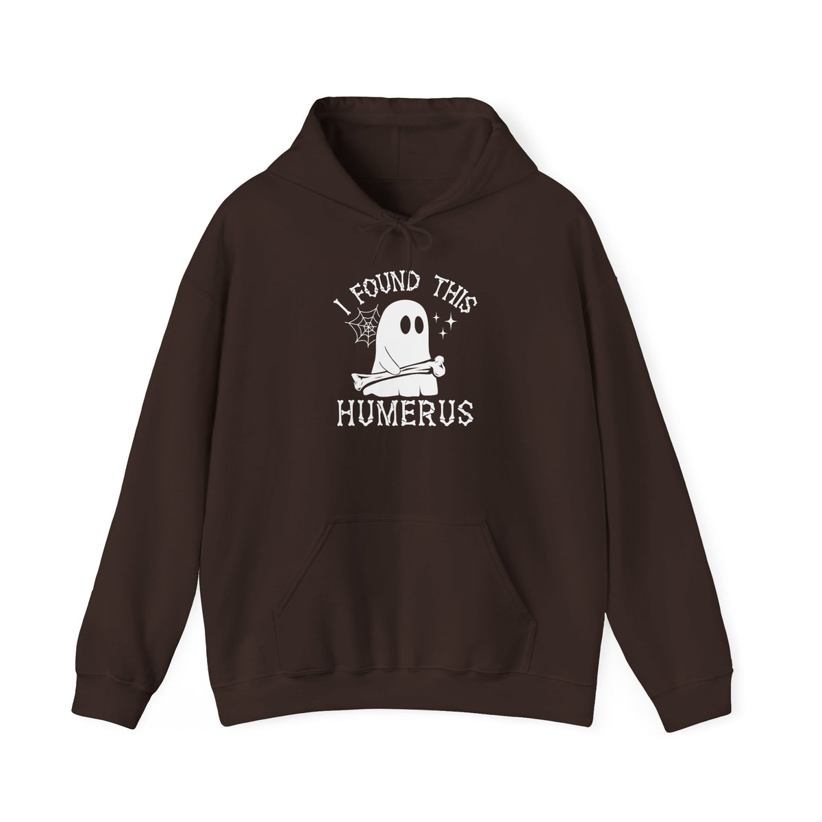 Dark Chocolate I Found This Humerus ghost hoodie with a cartoon ghost holding a bone, front view
