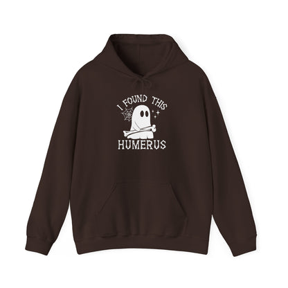 Dark Chocolate I Found This Humerus ghost hoodie with a cartoon ghost holding a bone, front view