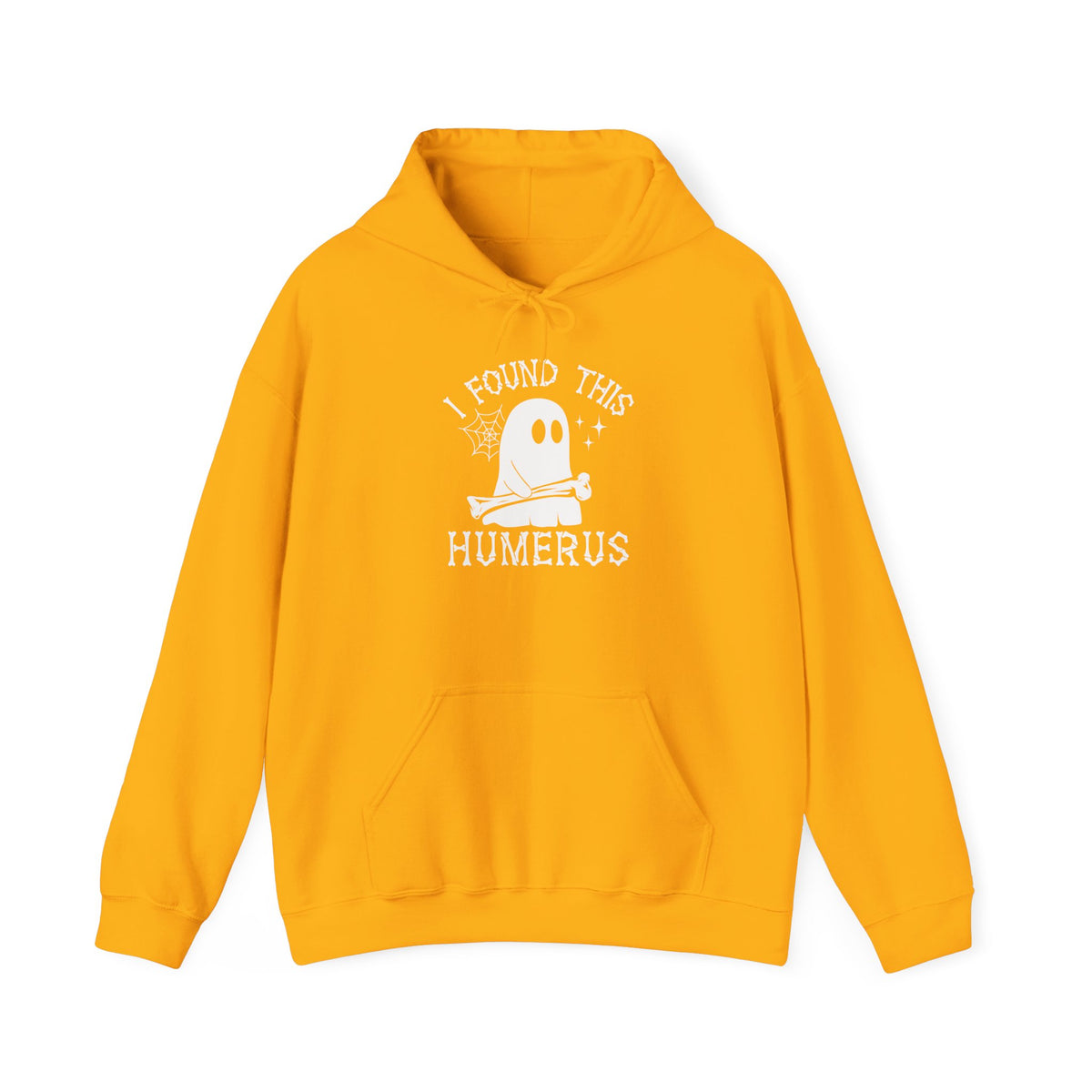 Gold I Found This Humerus ghost hoodie with a cartoon ghost holding a bone, front view