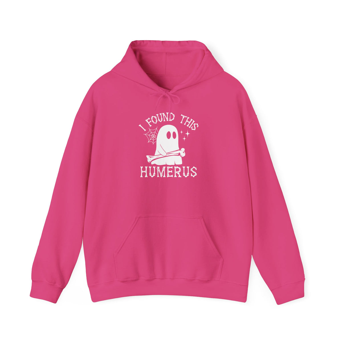 Heliconia I Found This Humerus ghost hoodie with a cartoon ghost holding a bone, front view