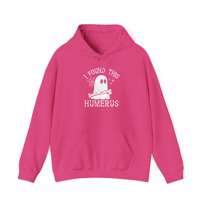 Heliconia I Found This Humerus ghost hoodie with a cartoon ghost holding a bone, front view