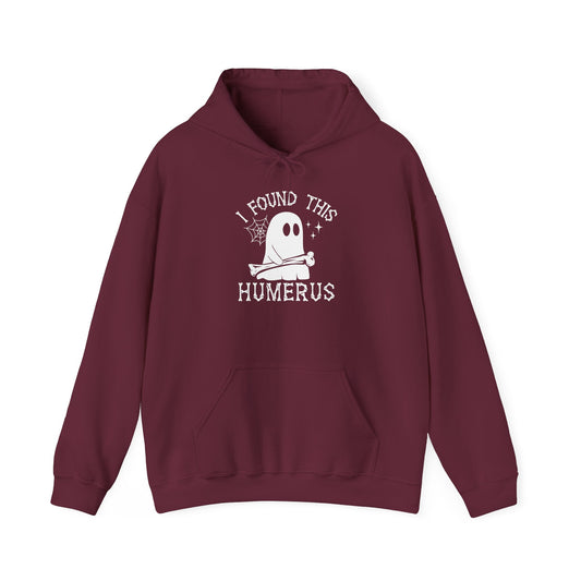 Maroon I Found This Humerus ghost hoodie with a cartoon ghost holding a bone, front view