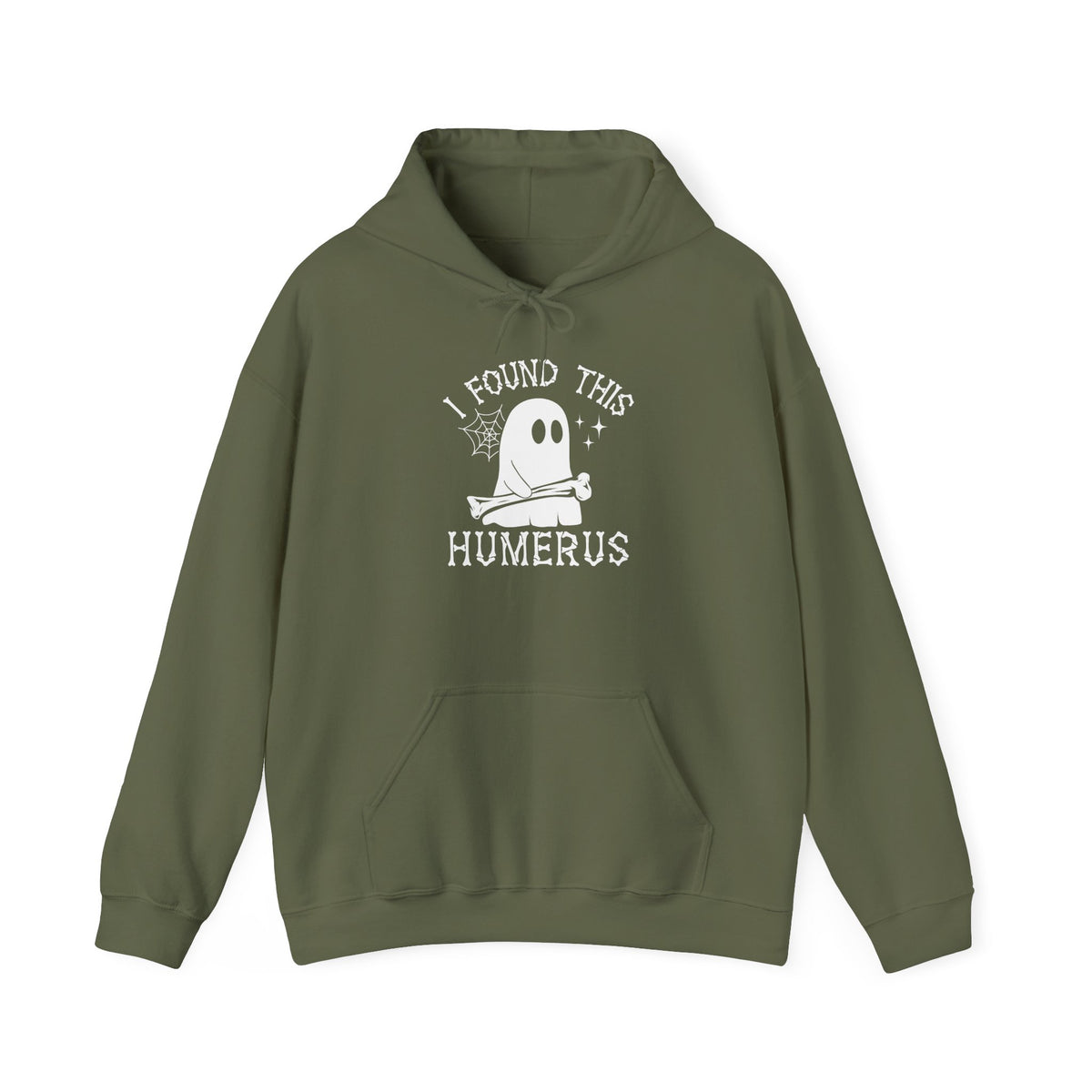 Military Green I Found This Humerus ghost hoodie with a cartoon ghost holding a bone, front view
