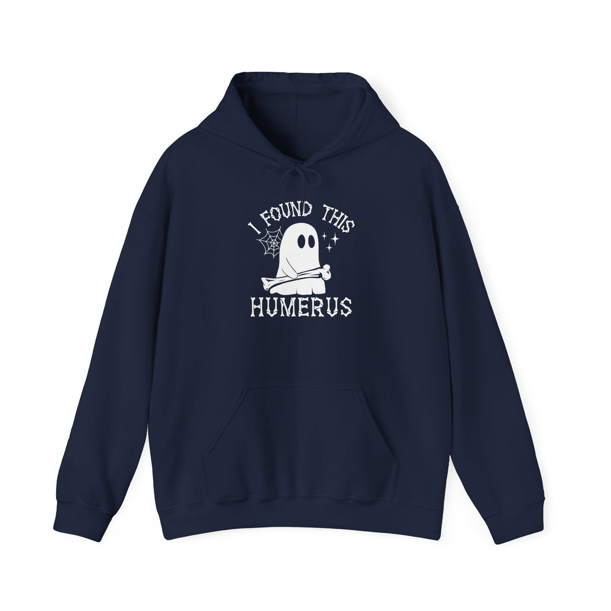 Navy I Found This Humerus ghost hoodie with a cartoon ghost holding a bone, front view
