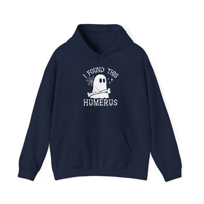 Navy I Found This Humerus ghost hoodie with a cartoon ghost holding a bone, front view
