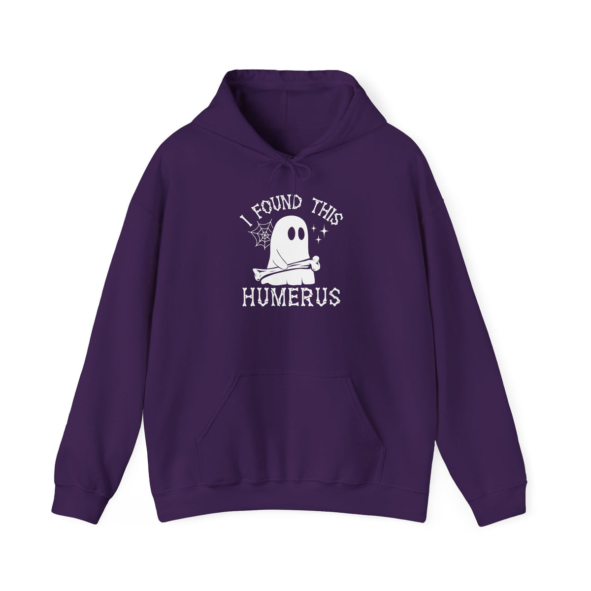 Purple I Found This Humerus ghost hoodie with a cartoon ghost holding a bone, front view