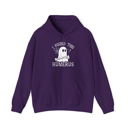 Purple I Found This Humerus ghost hoodie with a cartoon ghost holding a bone, front view