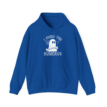 Royal I Found This Humerus ghost hoodie with a cartoon ghost holding a bone, front view